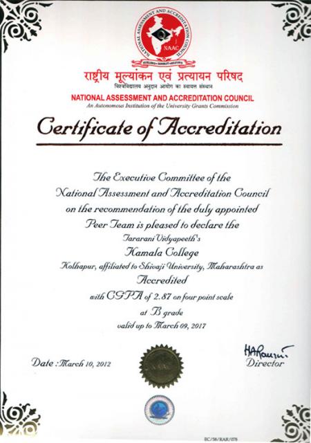 NAAC Accreditation Certificate March 2012